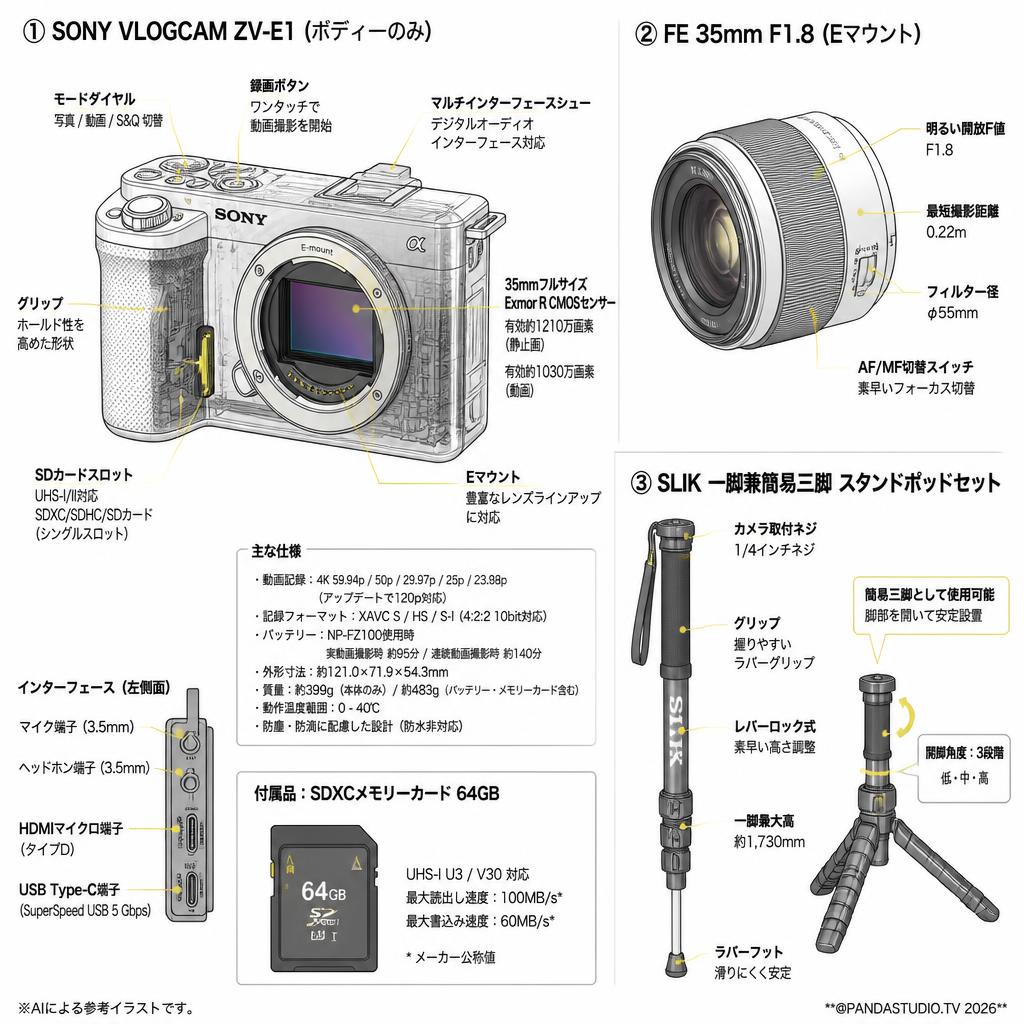 SONY VLOGCAM ZV-E1「ボディーのみ」(SDXCメモリーカード64GB付属) / FE 35mm F1.8 Eマウント / SLIK 一脚兼簡易三脚 スタンドポッドセット スペック