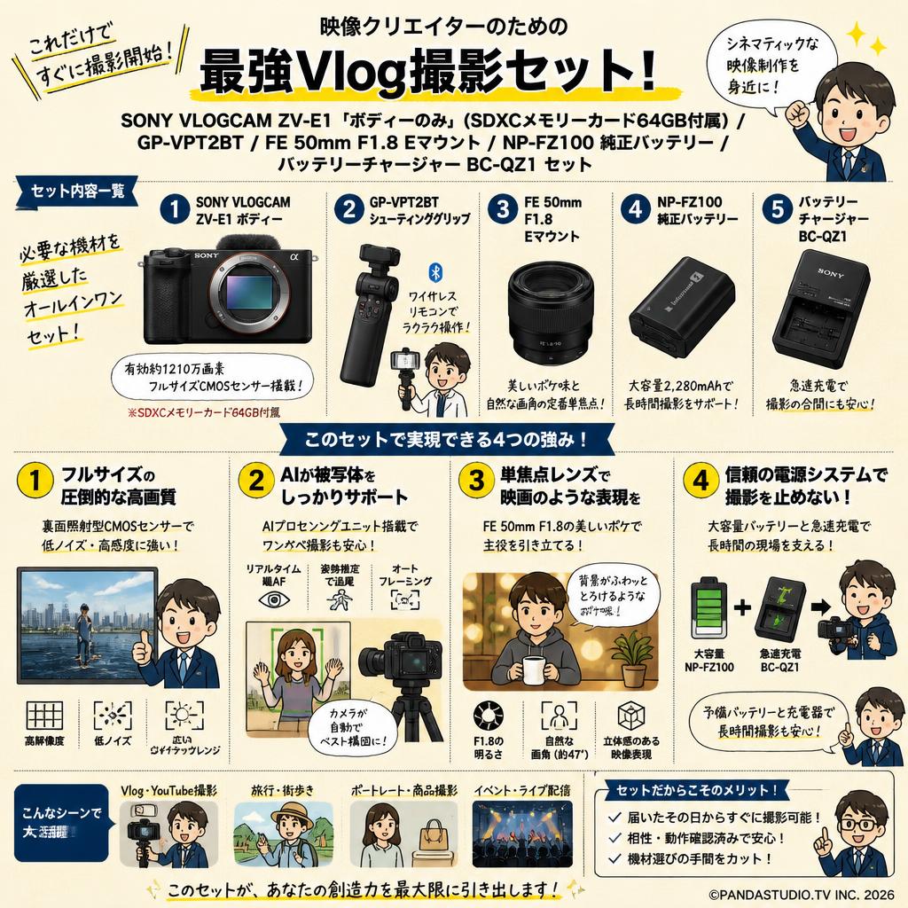 SONY VLOGCAM ZV-E1「ボディーのみ」(SDXCメモリーカード64GB付属) /  GP-VPT2BT / FE 50mm F1.8 Eマウント /  NP-FZ100 純正バッテリー / バッテリーチャージャー BC-QZ1 セット 概要