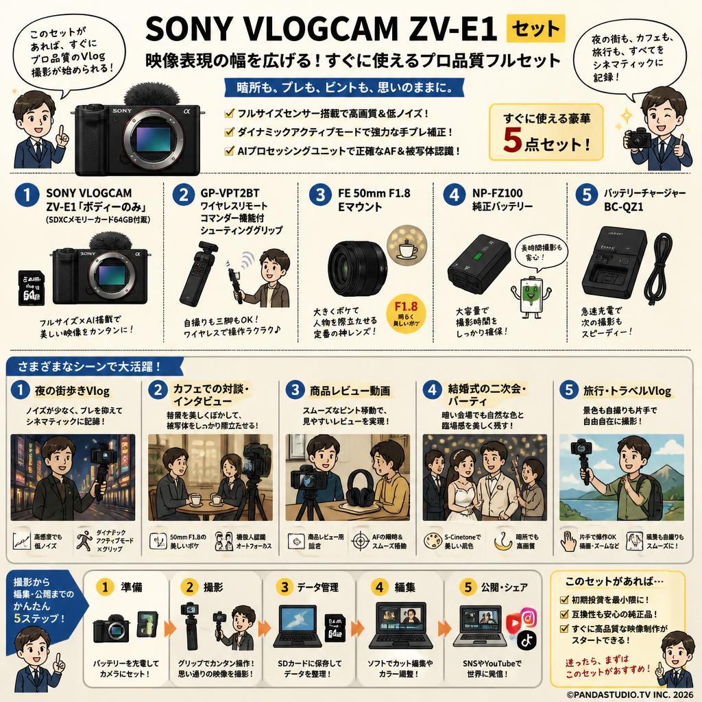 SONY VLOGCAM ZV-E1「ボディーのみ」(SDXCメモリーカード64GB付属) /  GP-VPT2BT / FE 50mm F1.8 Eマウント /  NP-FZ100 純正バッテリー / バッテリーチャージャー BC-QZ1 セット 用途