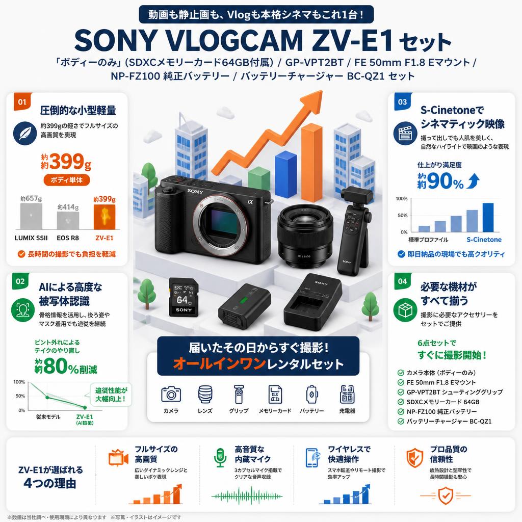 SONY VLOGCAM ZV-E1「ボディーのみ」(SDXCメモリーカード64GB付属) /  GP-VPT2BT / FE 50mm F1.8 Eマウント /  NP-FZ100 純正バッテリー / バッテリーチャージャー BC-QZ1 セット セールスポイント