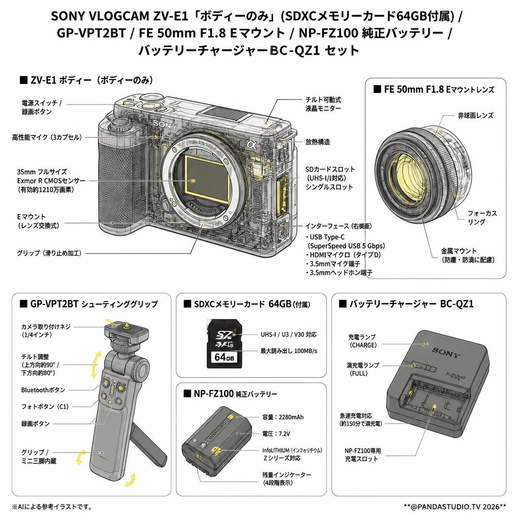 SONY VLOGCAM ZV-E1「ボディーのみ」(SDXCメモリーカード64GB付属) /  GP-VPT2BT / FE 50mm F1.8 Eマウント /  NP-FZ100 純正バッテリー / バッテリーチャージャー BC-QZ1 セット スペック