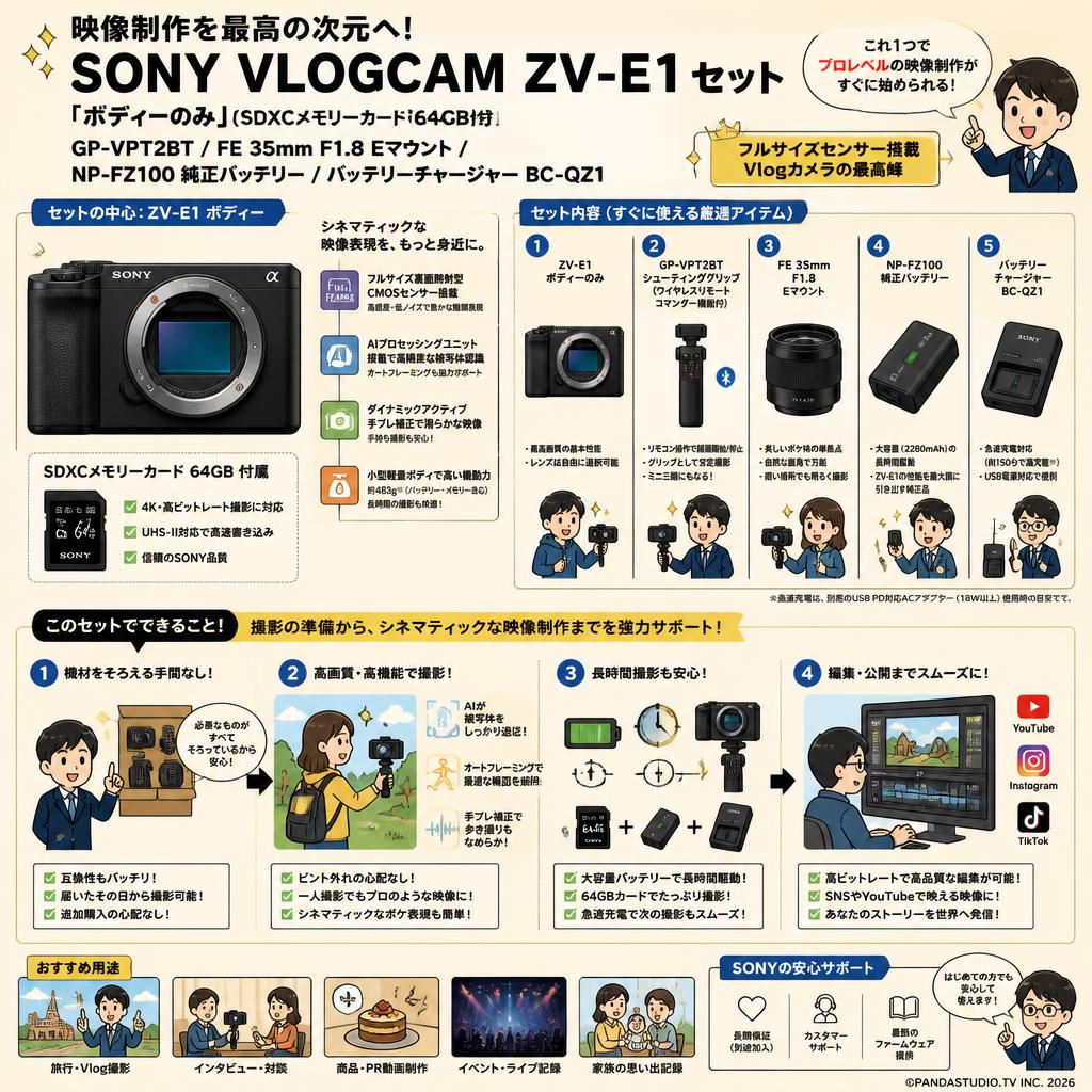 SONY VLOGCAM ZV-E1「ボディーのみ」(SDXCメモリーカード64GB付属) /  GP-VPT2BT / FE 35mm F1.8 Eマウント / NP-FZ100 純正バッテリー / バッテリーチャージャー BC-QZ1 セット 概要