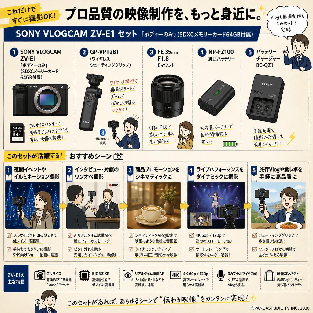 SONY VLOGCAM ZV-E1「ボディーのみ」(SDXCメモリーカード64GB付属) /  GP-VPT2BT / FE 35mm F1.8 Eマウント / NP-FZ100 純正バッテリー / バッテリーチャージャー BC-QZ1 セット 用途