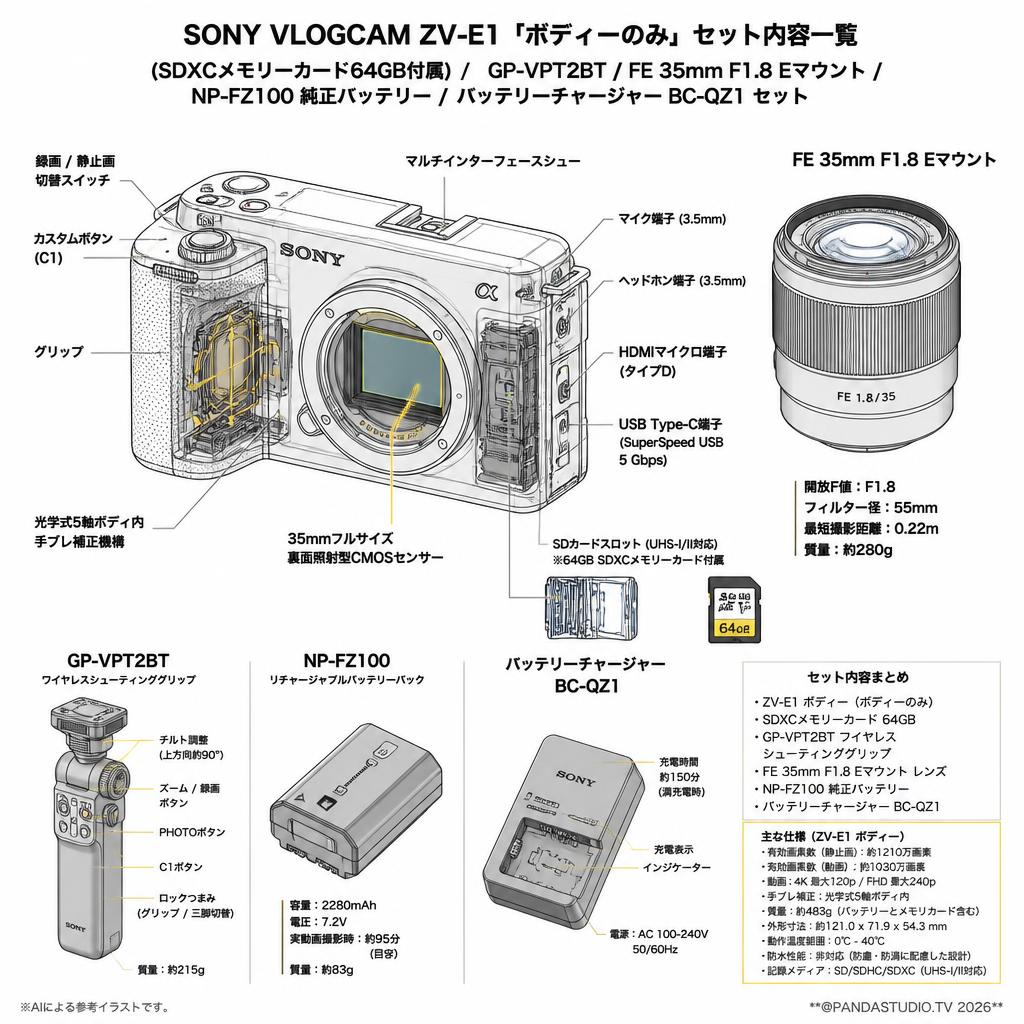 SONY VLOGCAM ZV-E1「ボディーのみ」(SDXCメモリーカード64GB付属) /  GP-VPT2BT / FE 35mm F1.8 Eマウント / NP-FZ100 純正バッテリー / バッテリーチャージャー BC-QZ1 セット スペック