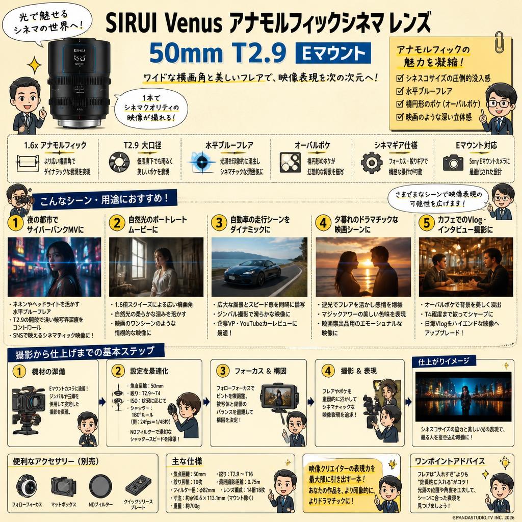 SIRUI Venus アナモルフィックシネマ レンズ 50mm T2.9 Eマウント 用途