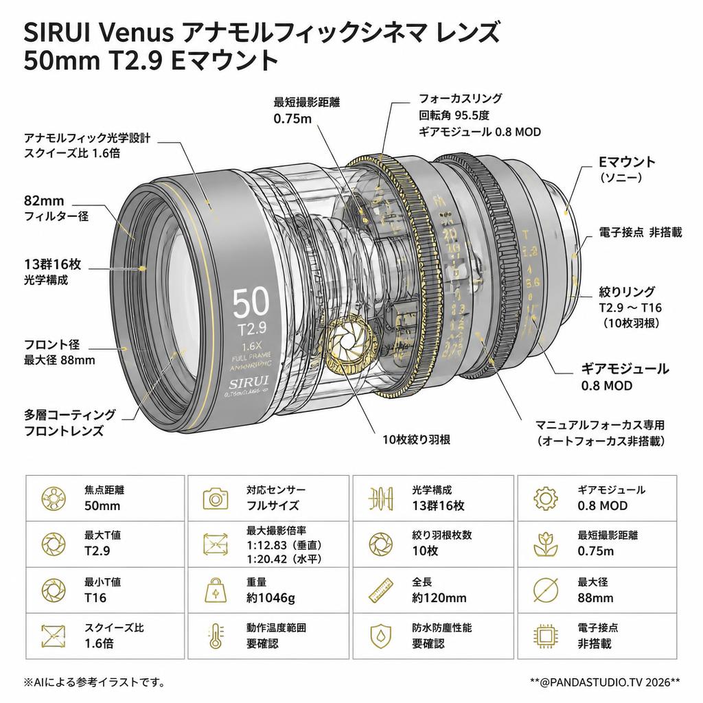 SIRUI Venus アナモルフィックシネマ レンズ 50mm T2.9 Eマウント スペック