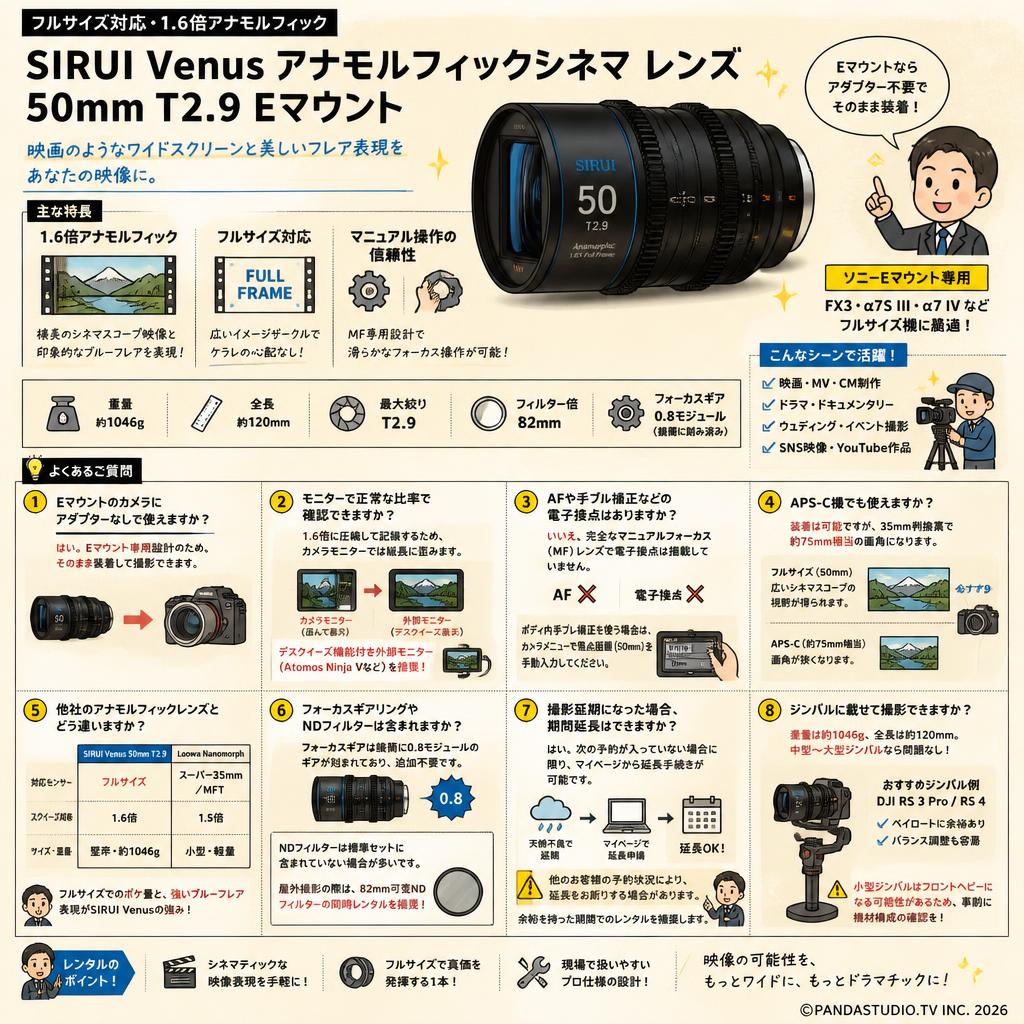SIRUI Venus アナモルフィックシネマ レンズ 50mm T2.9 Eマウント FAQ（よくある質問と答え）
