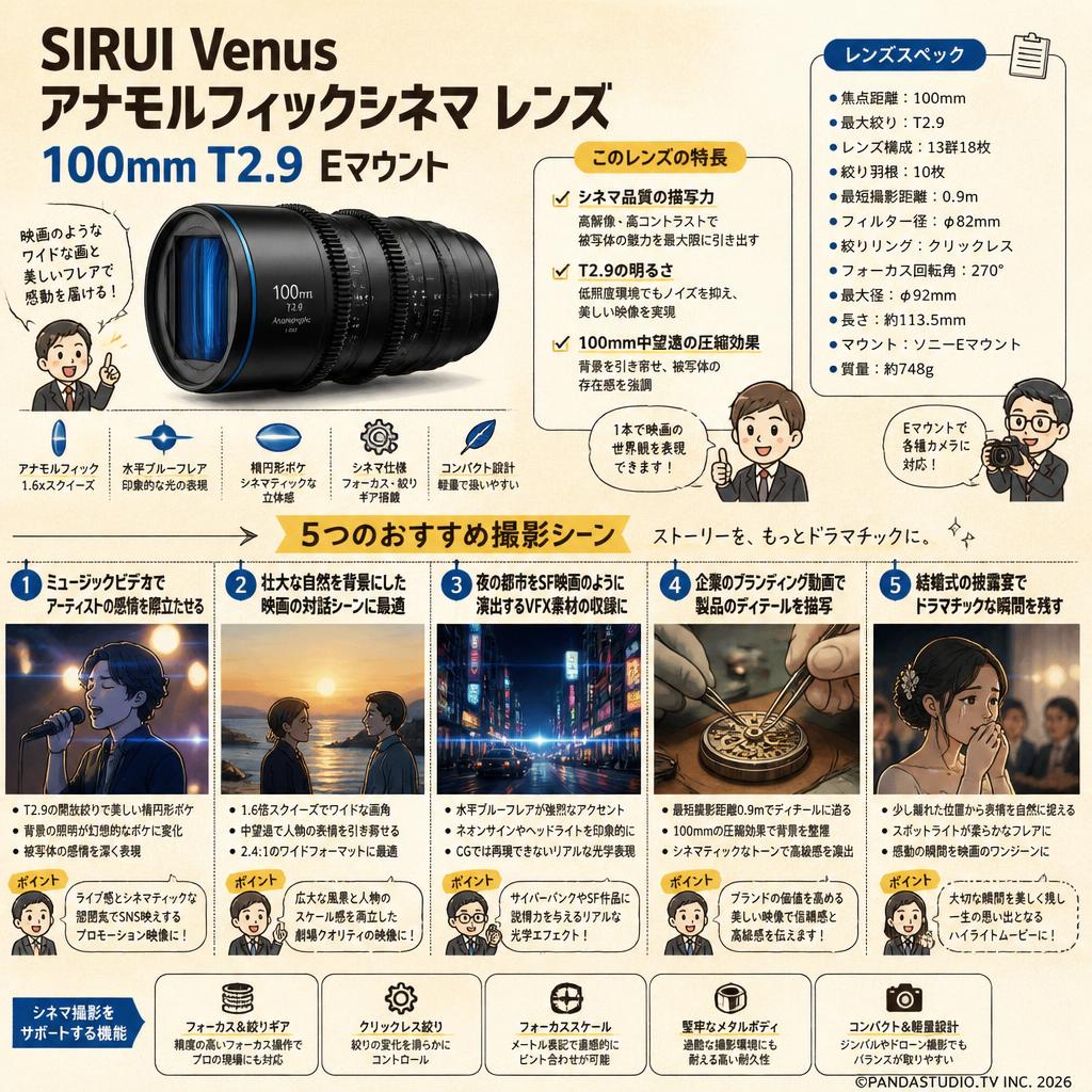 SIRUI Venus アナモルフィックシネマ レンズ 100mm T2.9 Eマウント 用途