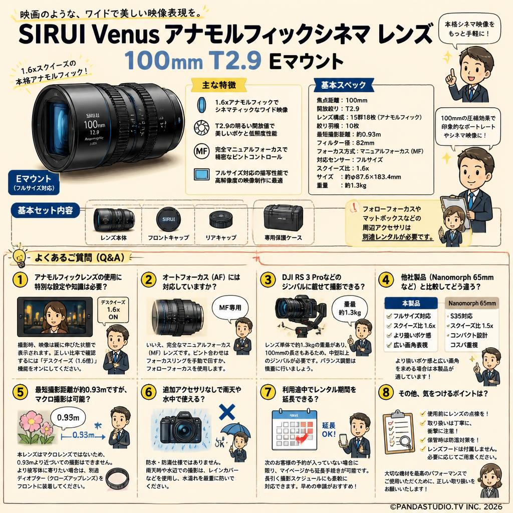 SIRUI Venus アナモルフィックシネマ レンズ 100mm T2.9 Eマウント FAQ（よくある質問と答え）
