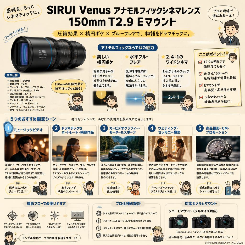 SIRUI Venus アナモルフィックシネマ レンズ 150mm T2.9 Eマウント 用途