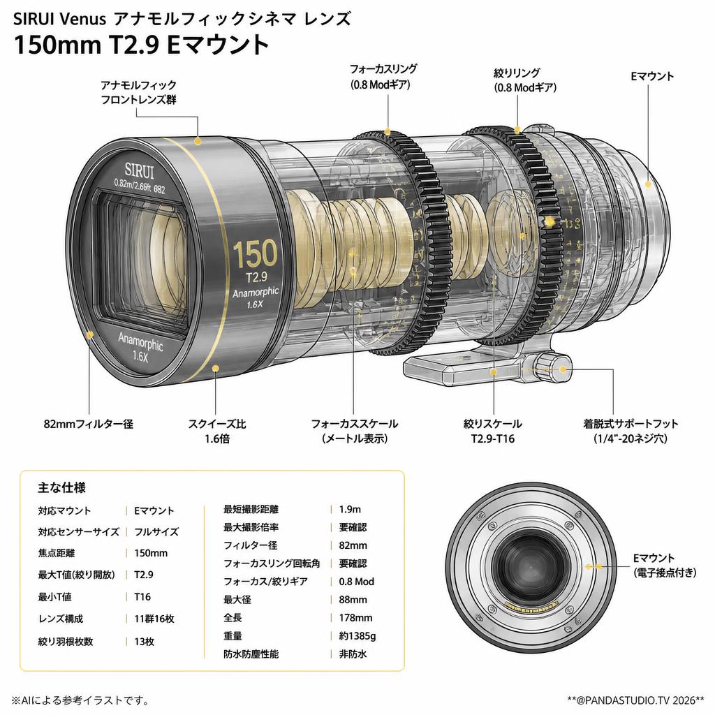 SIRUI Venus アナモルフィックシネマ レンズ 150mm T2.9 Eマウント スペック