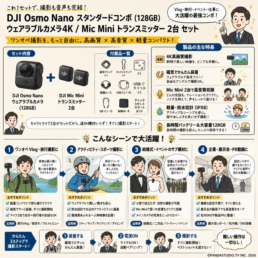 DJI Osmo Nanoスタンダードコンボ (128GB) ウェアラブルカメラ4K / Mic Mini トランスミッター  2台 セット おもな対象のお客様