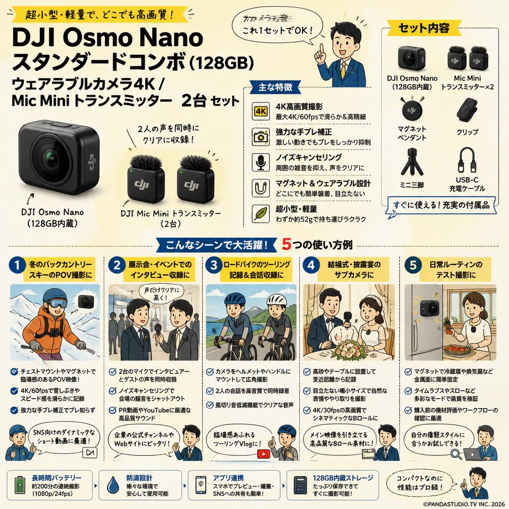 DJI Osmo Nanoスタンダードコンボ (128GB) ウェアラブルカメラ4K / Mic Mini トランスミッター  2台 セット 用途