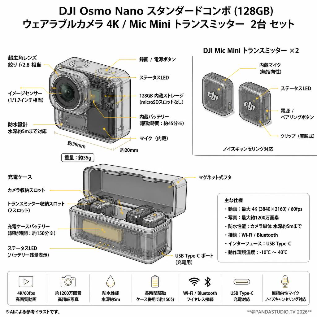 DJI Osmo Nanoスタンダードコンボ (128GB) ウェアラブルカメラ4K / Mic Mini トランスミッター  2台 セット スペック