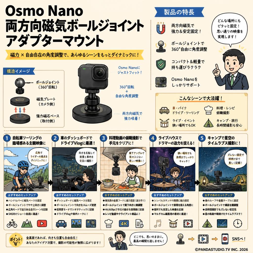 Osmo Nano 両方向磁気ボールジョイント アダプターマウント 用途