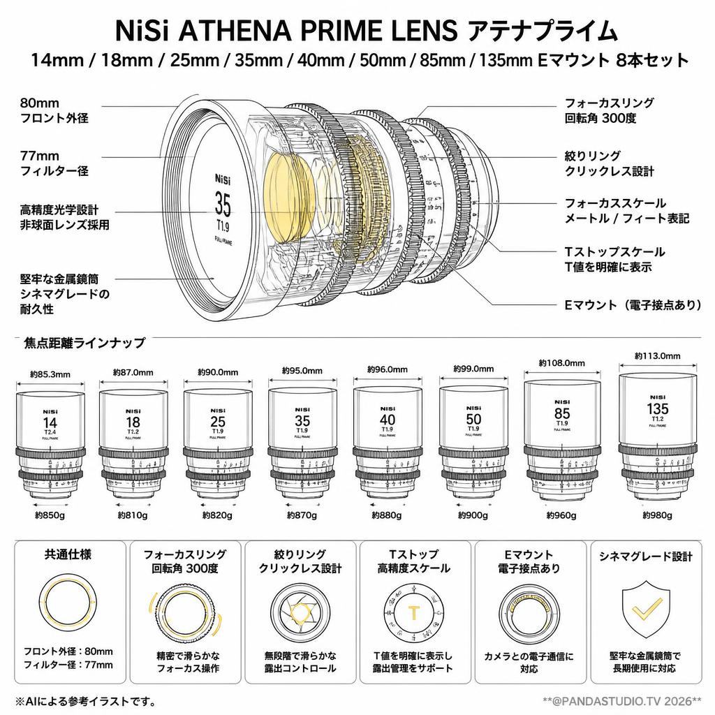 NiSi ATHENA PRIME LENS アテナプライム 14mm / 18mm / 25mm / 35mm / 40mm / 50mm / 85mm/ 135mm Eマウント 8本セット スペック