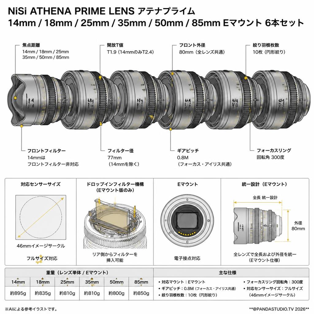 NiSi ATHENA PRIME LENS アテナプライム 14mm / 18mm / 25mm / 35mm / 50mm / 85mm Eマウント 6本セット スペック