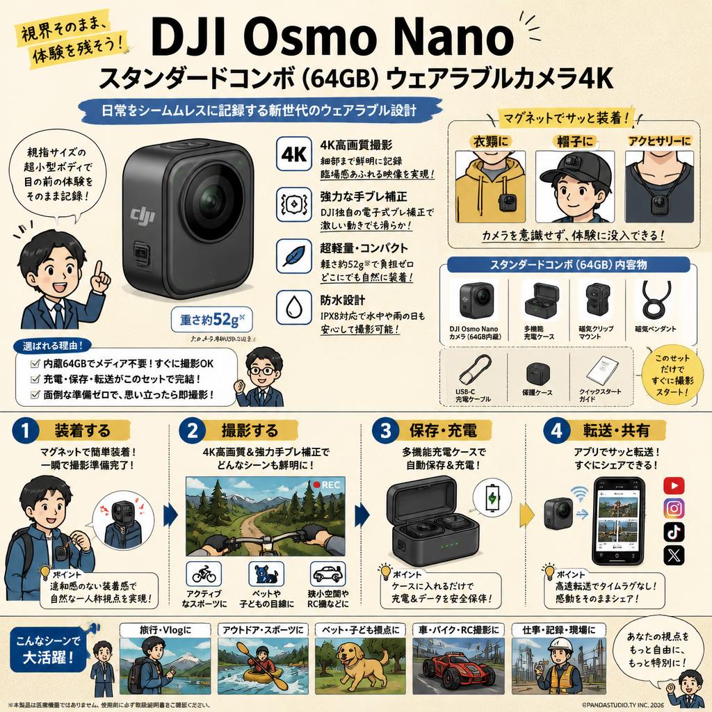 DJI Osmo Nanoスタンダードコンボ (64GB) ウェアラブルカメラ4K 概要