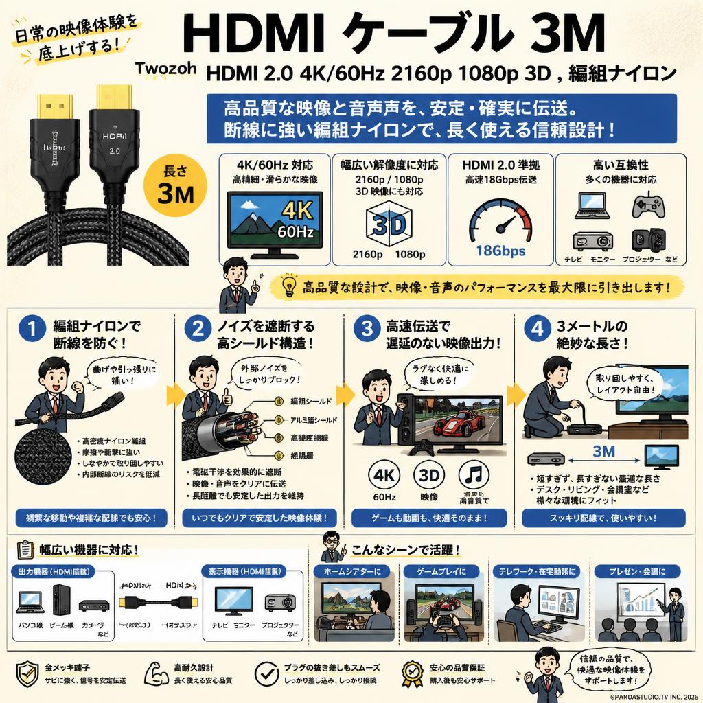 HDMI ケーブル 3M, Twozoh HDMI 2.0 4K/60Hz 2160p 1080p 3D , 編組ナイロン 概要