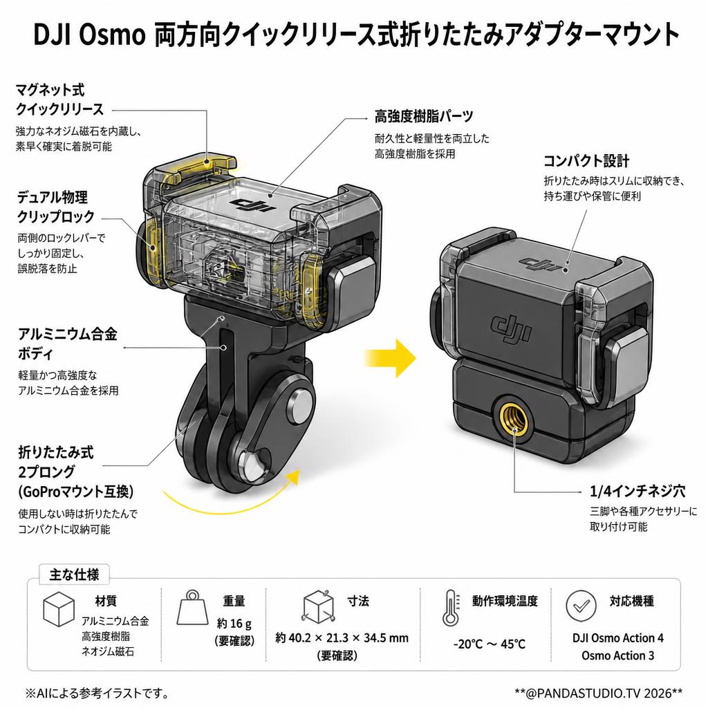 DJI Osmo 両方向クイックリリース式折りたたみアダプターマウント スペック