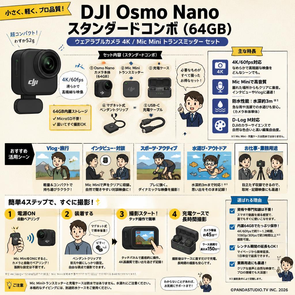 DJI Osmo Nanoスタンダードコンボ (64GB) ウェアラブルカメラ4K / Mic Mini トランスミッター セット FAQ（よくある質問と答え）