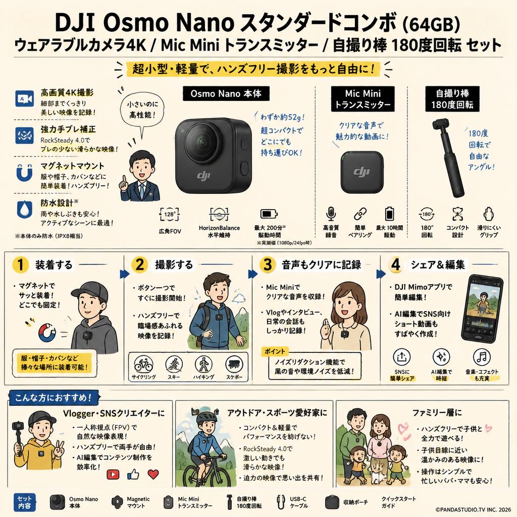 DJI Osmo Nanoスタンダードコンボ (64GB) ウェアラブルカメラ4K / Mic Mini トランスミッター / 自撮り棒 180度回転 セット おもな対象のお客様