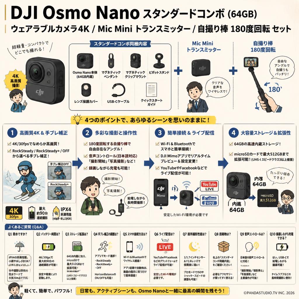 DJI Osmo Nanoスタンダードコンボ (64GB) ウェアラブルカメラ4K / Mic Mini トランスミッター / 自撮り棒 180度回転 セット FAQ（よくある質問と答え）