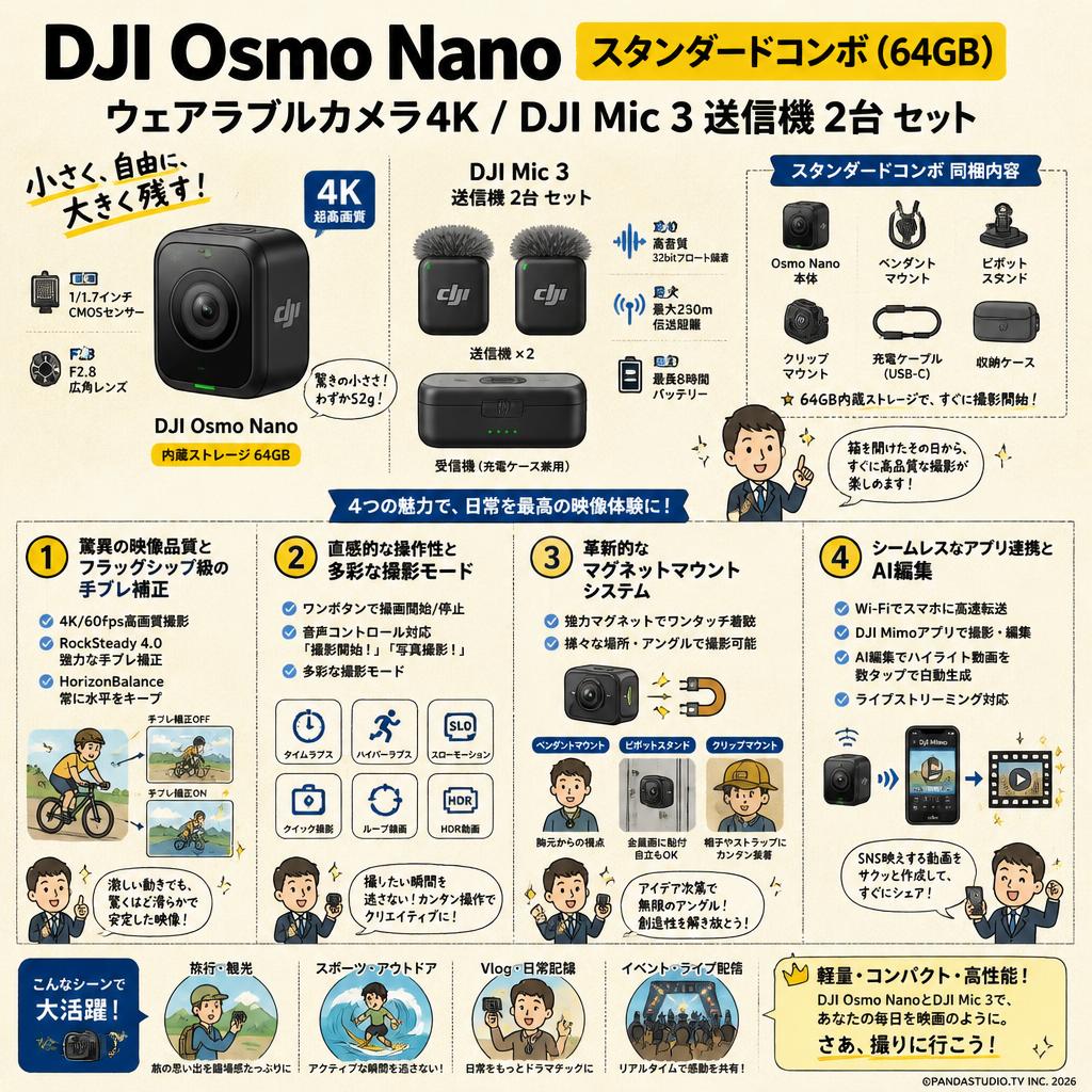DJI Osmo Nanoスタンダードコンボ (64GB) ウェアラブルカメラ4K / DJI Mic 3 送信機 2台 セット 概要