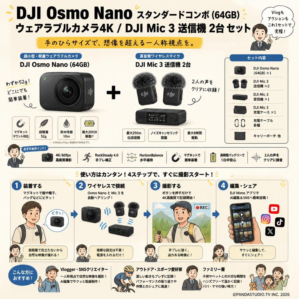 DJI Osmo Nanoスタンダードコンボ (64GB) ウェアラブルカメラ4K / DJI Mic 3 送信機 2台 セット おもな対象のお客様