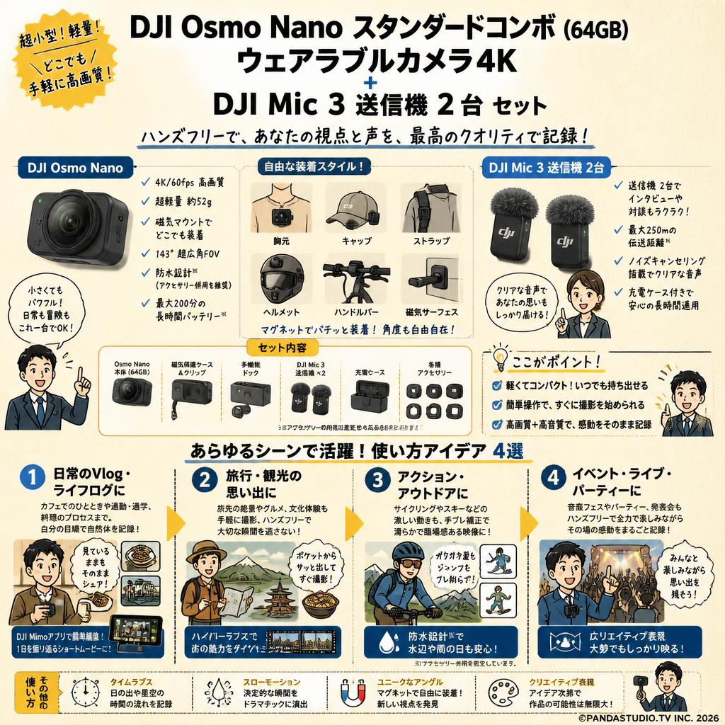 DJI Osmo Nanoスタンダードコンボ (64GB) ウェアラブルカメラ4K / DJI Mic 3 送信機 2台 セット 用途
