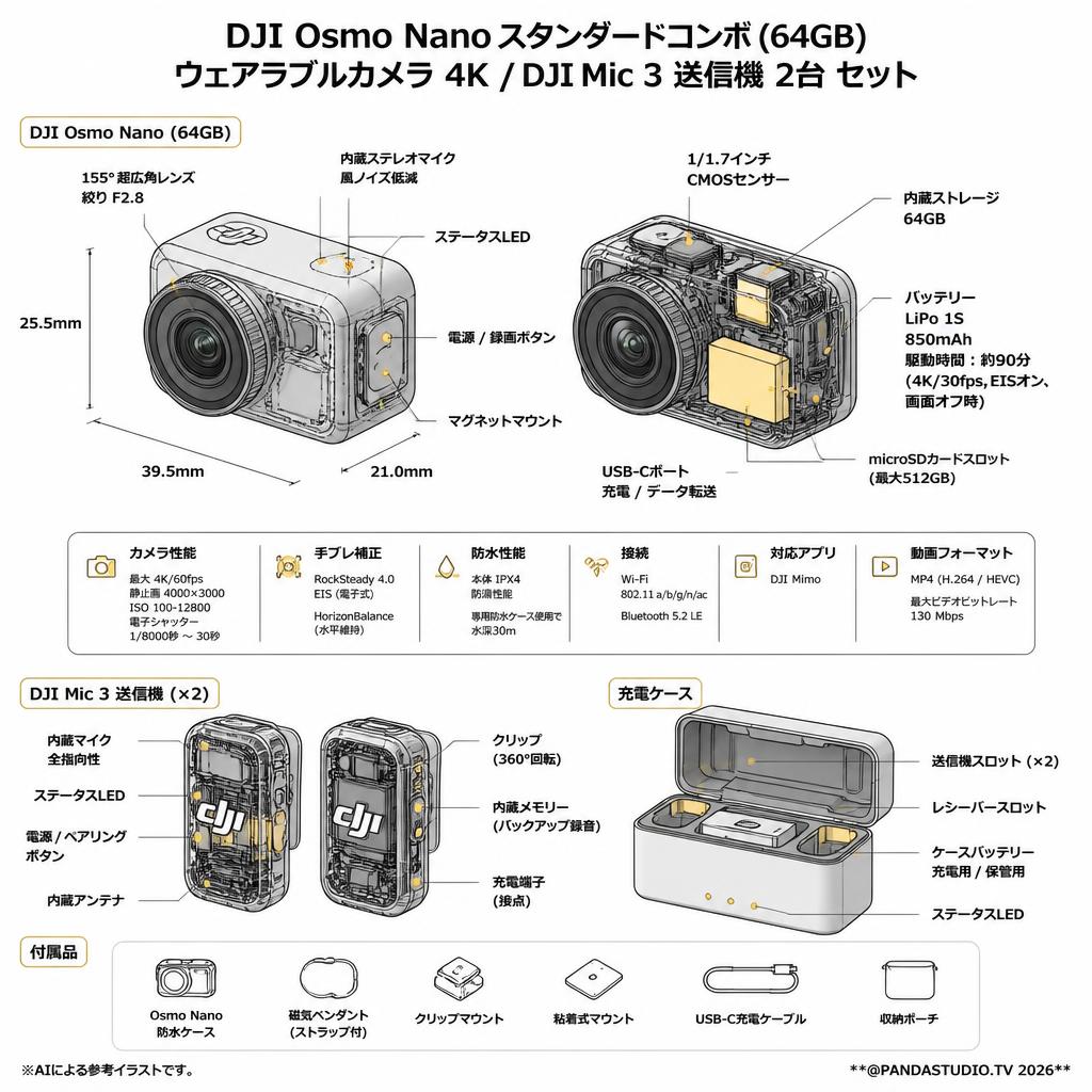 DJI Osmo Nanoスタンダードコンボ (64GB) ウェアラブルカメラ4K / DJI Mic 3 送信機 2台 セット スペック