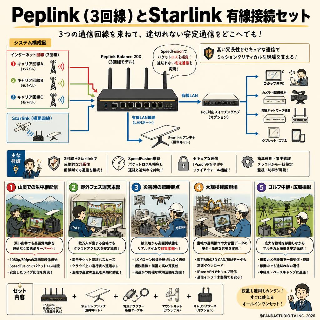 Peplink (3回線) とStarlink 有線接続セット 用途