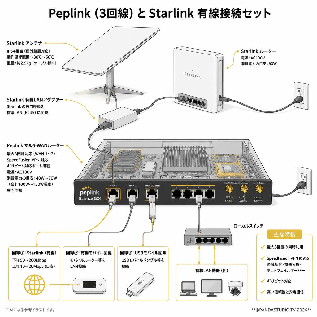Peplink (3回線) とStarlink 有線接続セット スペック