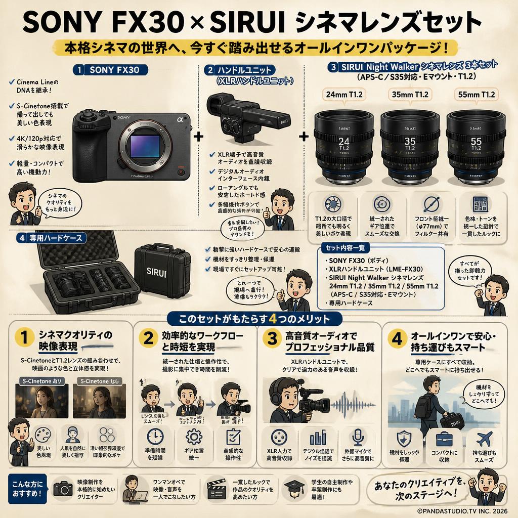 SONY FX30 LME-FX30 / ハンドルユニット / SIRUI Night Walker 24mm / 35mm / 55mm T1.2 シネマレンズ APS-C/S35 3本 Eマウント + 専用ケース セット 概要