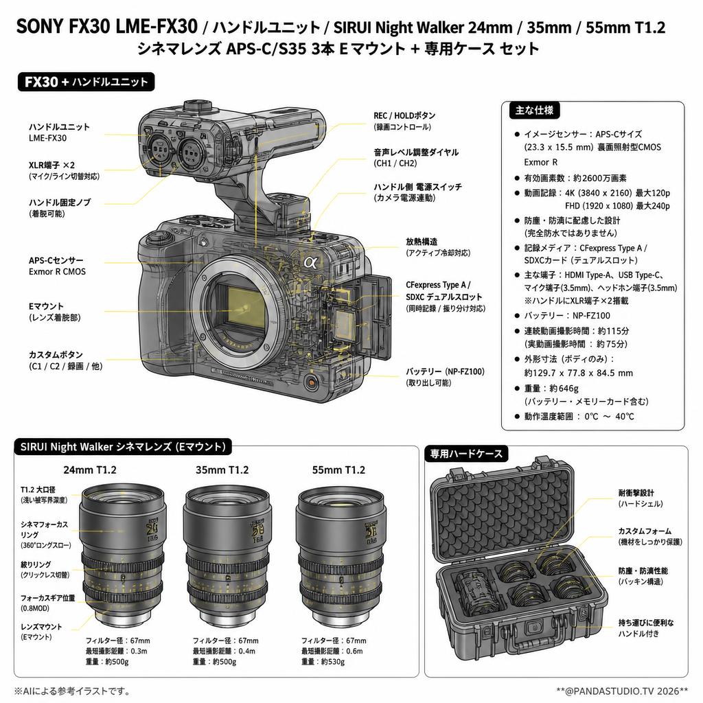 SONY FX30 LME-FX30 / ハンドルユニット / SIRUI Night Walker 24mm / 35mm / 55mm T1.2 シネマレンズ APS-C/S35 3本 Eマウント + 専用ケース セット スペック