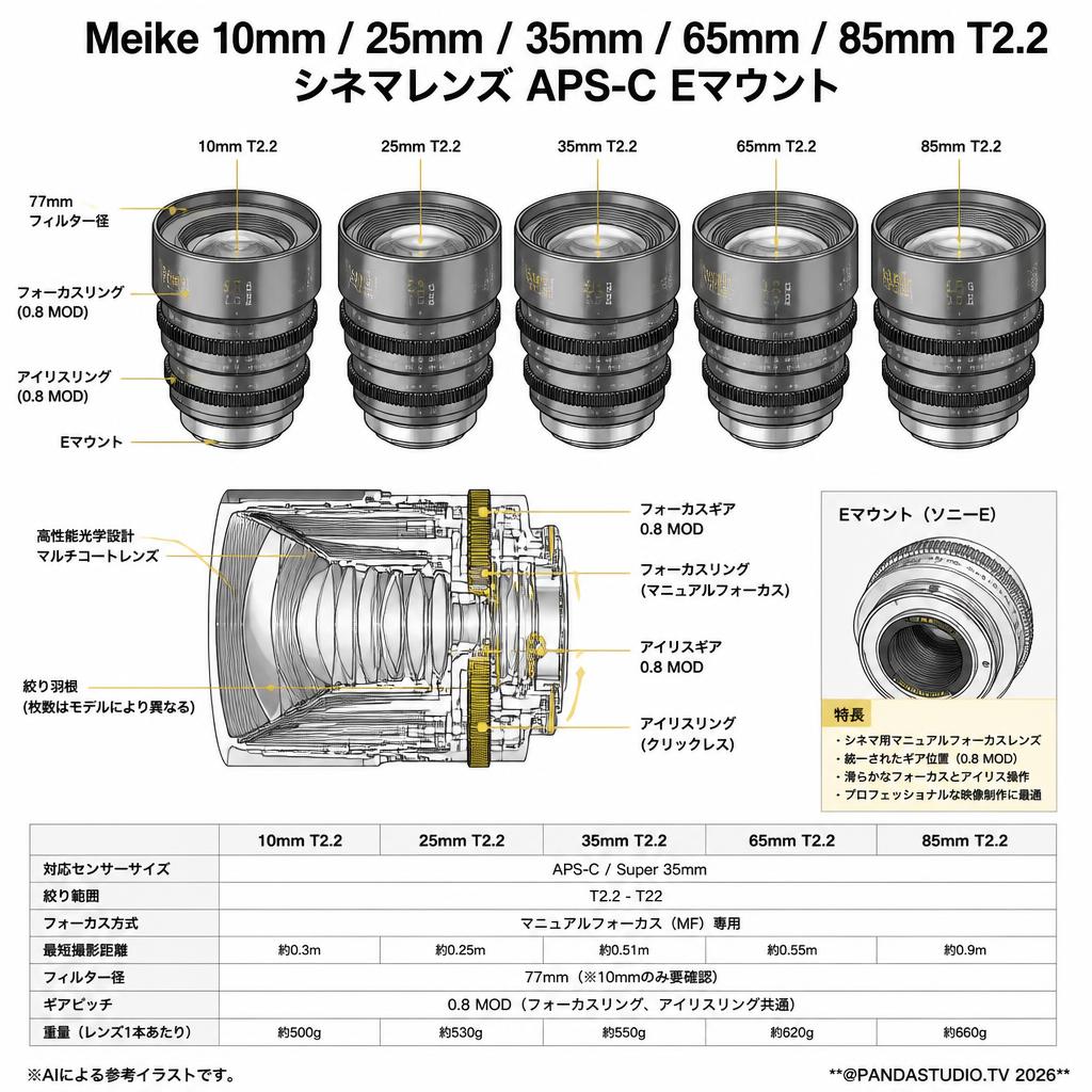 Meike 10mm / 25mm / 35mm / 65mm / 85mm T2.2 シネマレンズ APS-C Eマウント スペック