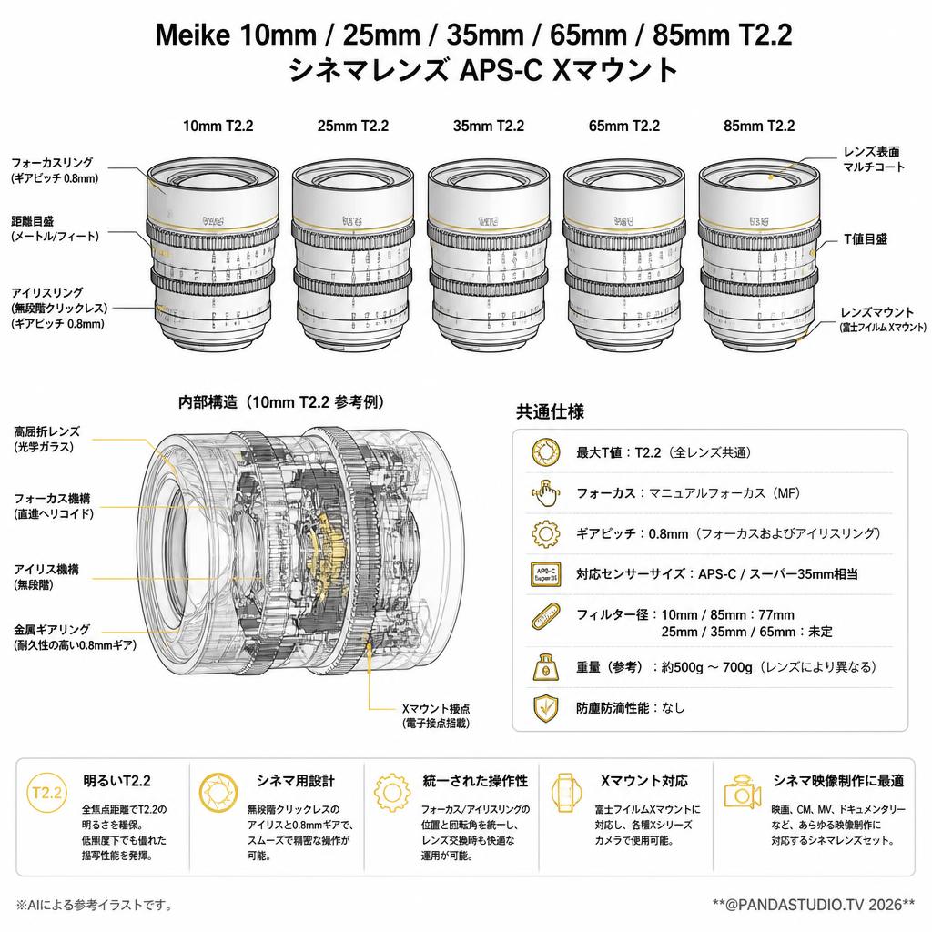 Meike 10mm / 25mm / 35mm / 65mm / 85mm T2.2 シネマレンズ APS-C Xマウント スペック