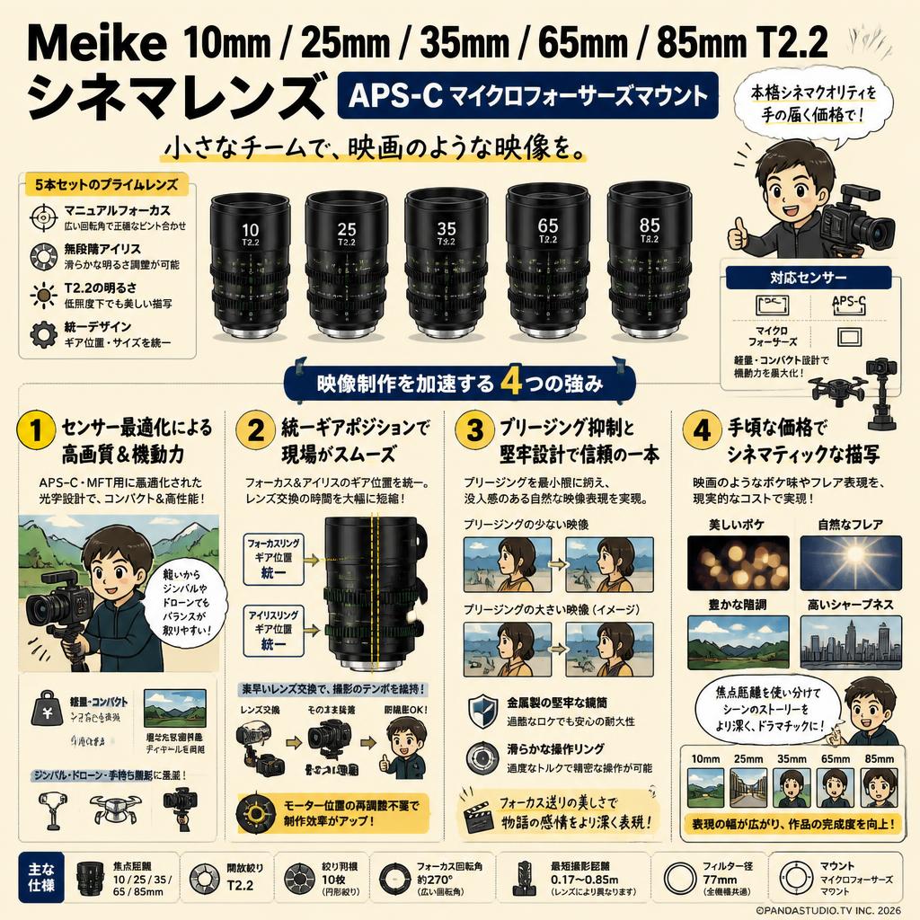 Meike 10mm / 25mm / 35mm / 65mm / 85mm T2.2 シネマレンズ APS-C マイクロフォーサーズマウント 概要