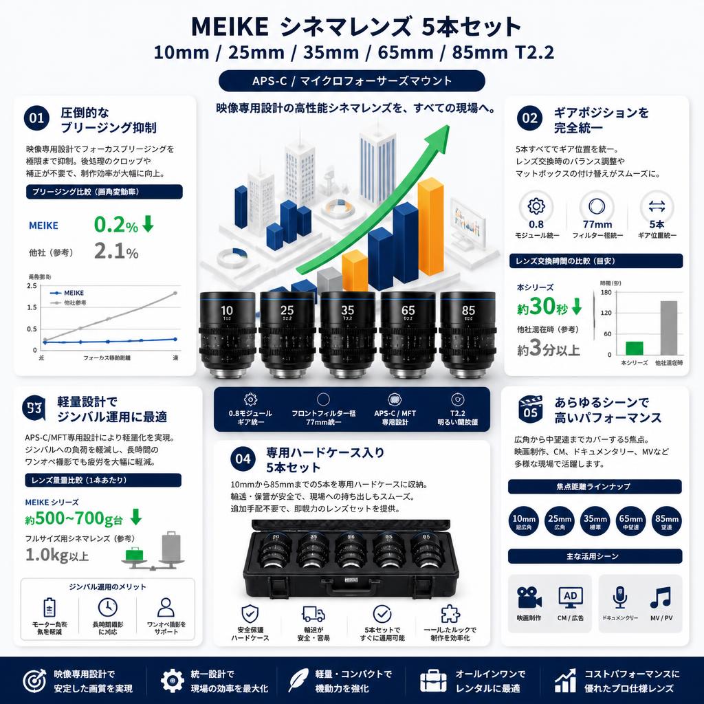 Meike 10mm / 25mm / 35mm / 65mm / 85mm T2.2 シネマレンズ APS-C マイクロフォーサーズマウント セールスポイント