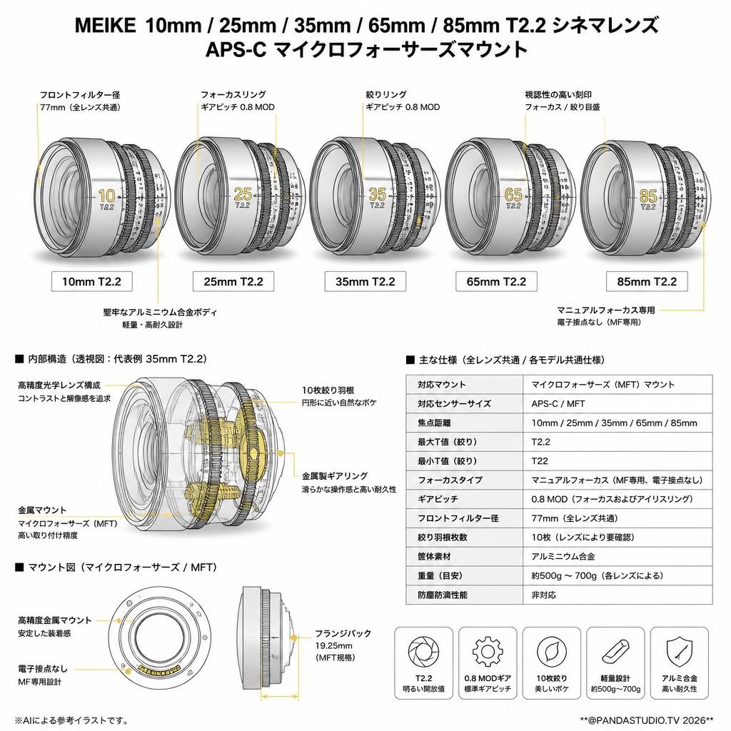 Meike 10mm / 25mm / 35mm / 65mm / 85mm T2.2 シネマレンズ APS-C マイクロフォーサーズマウント スペック