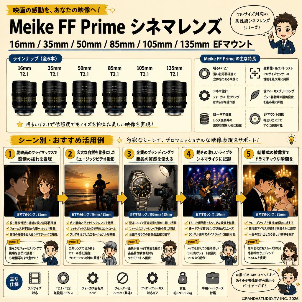 Meike FF Prime シネマレンズ 16mm / 35mm / 50mm / 85mm / 105mm / 135mm EFマウント 用途