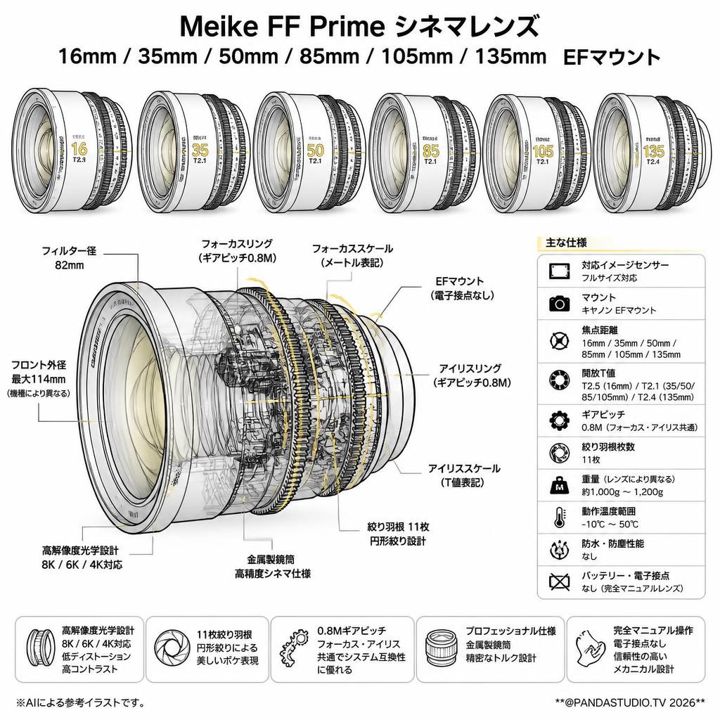 Meike FF Prime シネマレンズ 16mm / 35mm / 50mm / 85mm / 105mm / 135mm EFマウント スペック