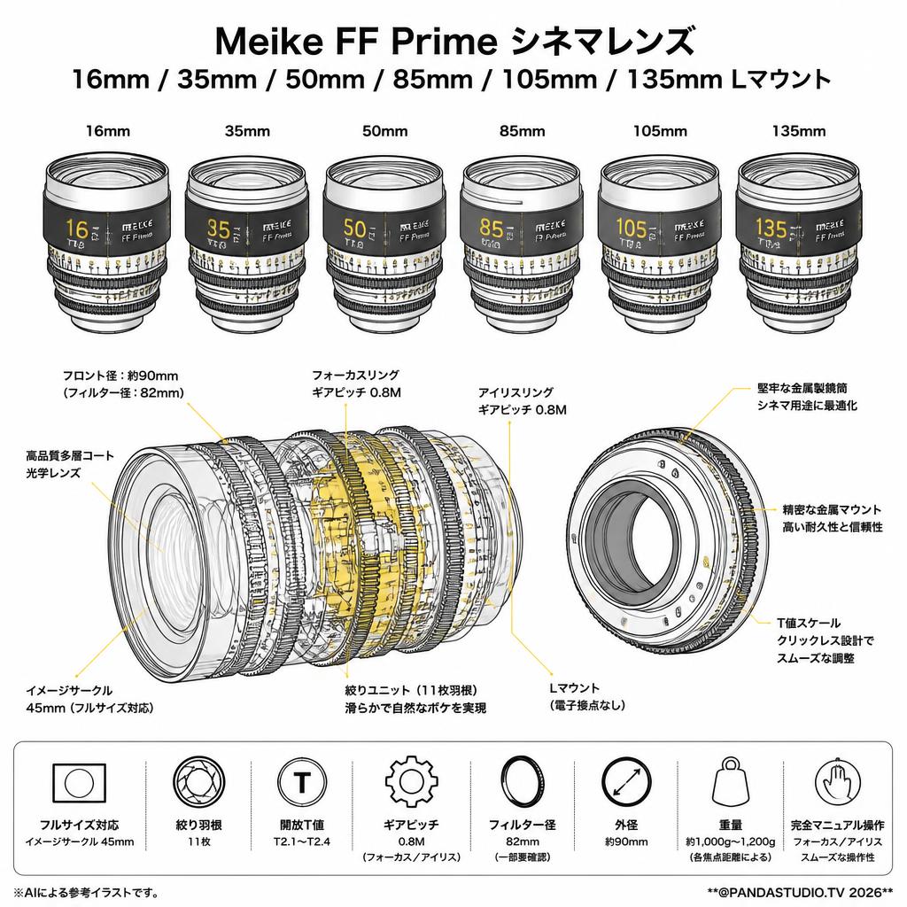 Meike FF Prime シネマレンズ 16mm / 35mm / 50mm / 85mm / 105mm / 135mm Lマウント スペック