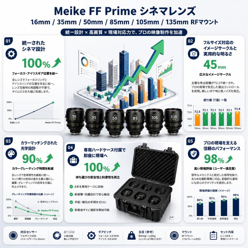 Meike FF Prime シネマレンズ 16mm / 35mm / 50mm / 85mm / 105mm / 135mm RFマウント セールスポイント