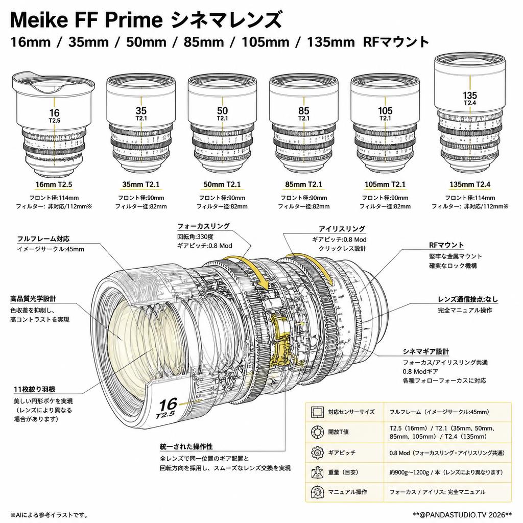 Meike FF Prime シネマレンズ 16mm / 35mm / 50mm / 85mm / 105mm / 135mm RFマウント スペック