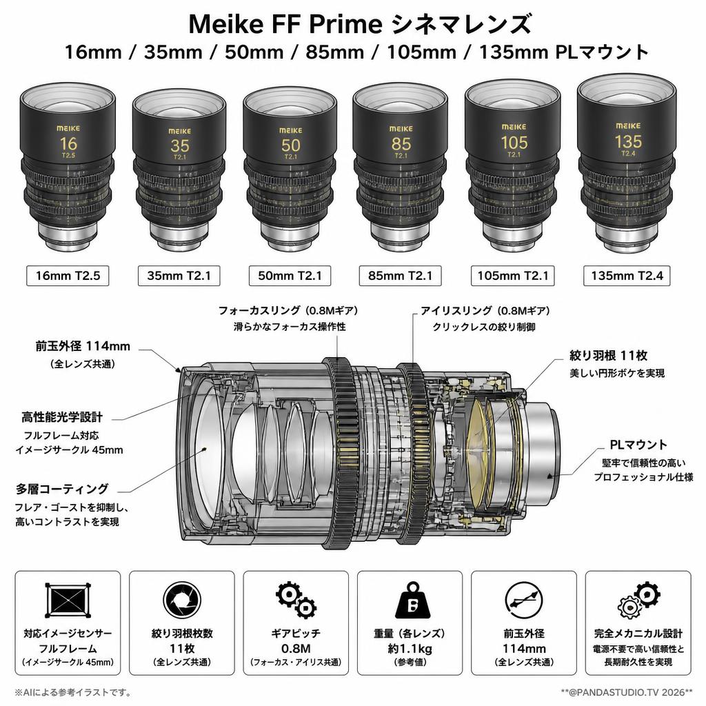 Meike FF Prime シネマレンズ 16mm / 35mm / 50mm / 85mm / 105mm / 135mm PLマウント スペック