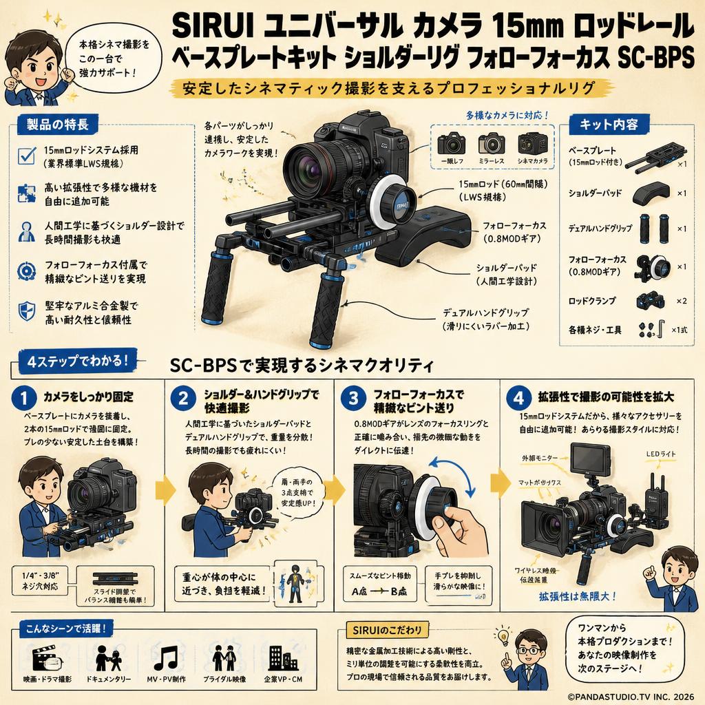 SIRUI ユニバーサル カメラ 15mm ロッドレール ベースプレートキット ショルダーリグ フォローフォーカス SC-BPS 概要