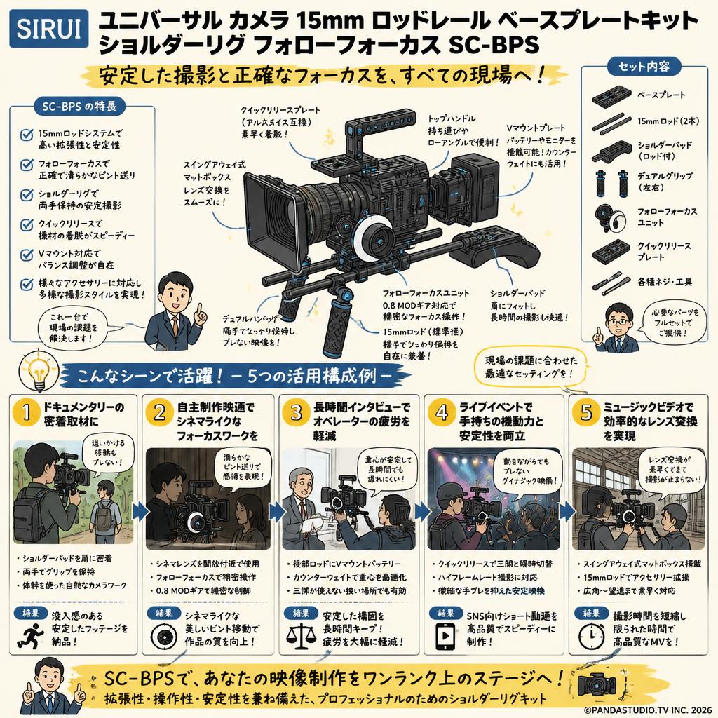SIRUI ユニバーサル カメラ 15mm ロッドレール ベースプレートキット ショルダーリグ フォローフォーカス SC-BPS 用途