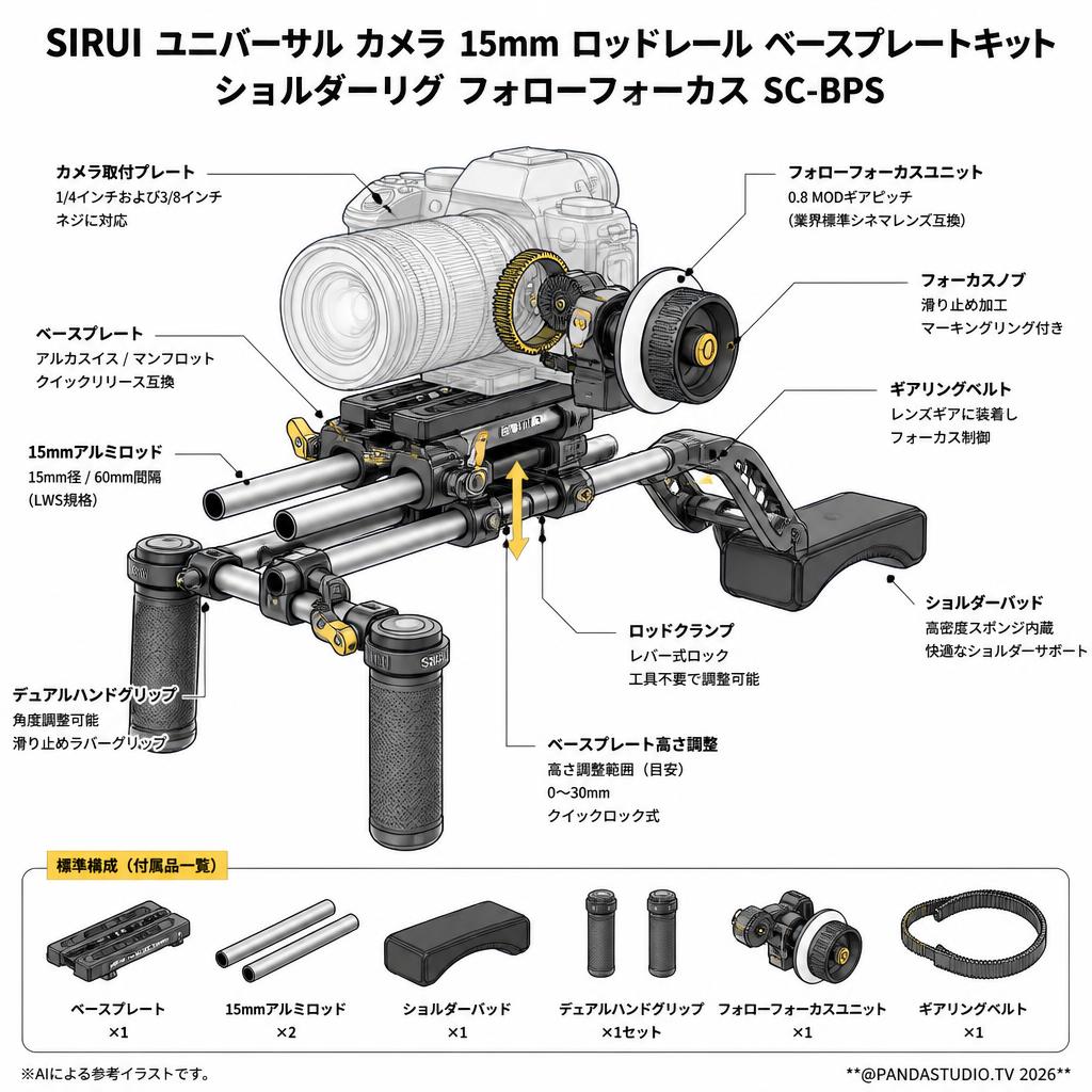 SIRUI ユニバーサル カメラ 15mm ロッドレール ベースプレートキット ショルダーリグ フォローフォーカス SC-BPS スペック