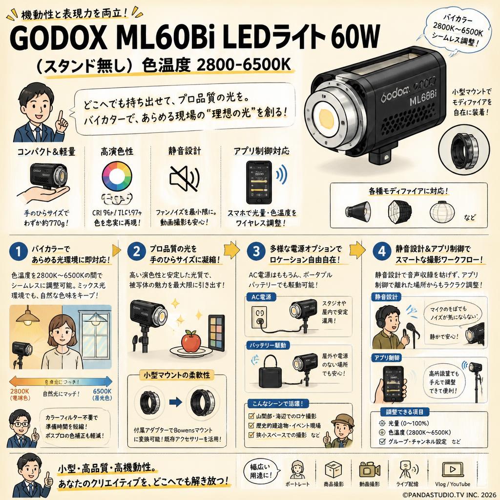 GODOX ML60Bi LEDライト 60W (スタンド無し) 色温度 2800-6500K 概要